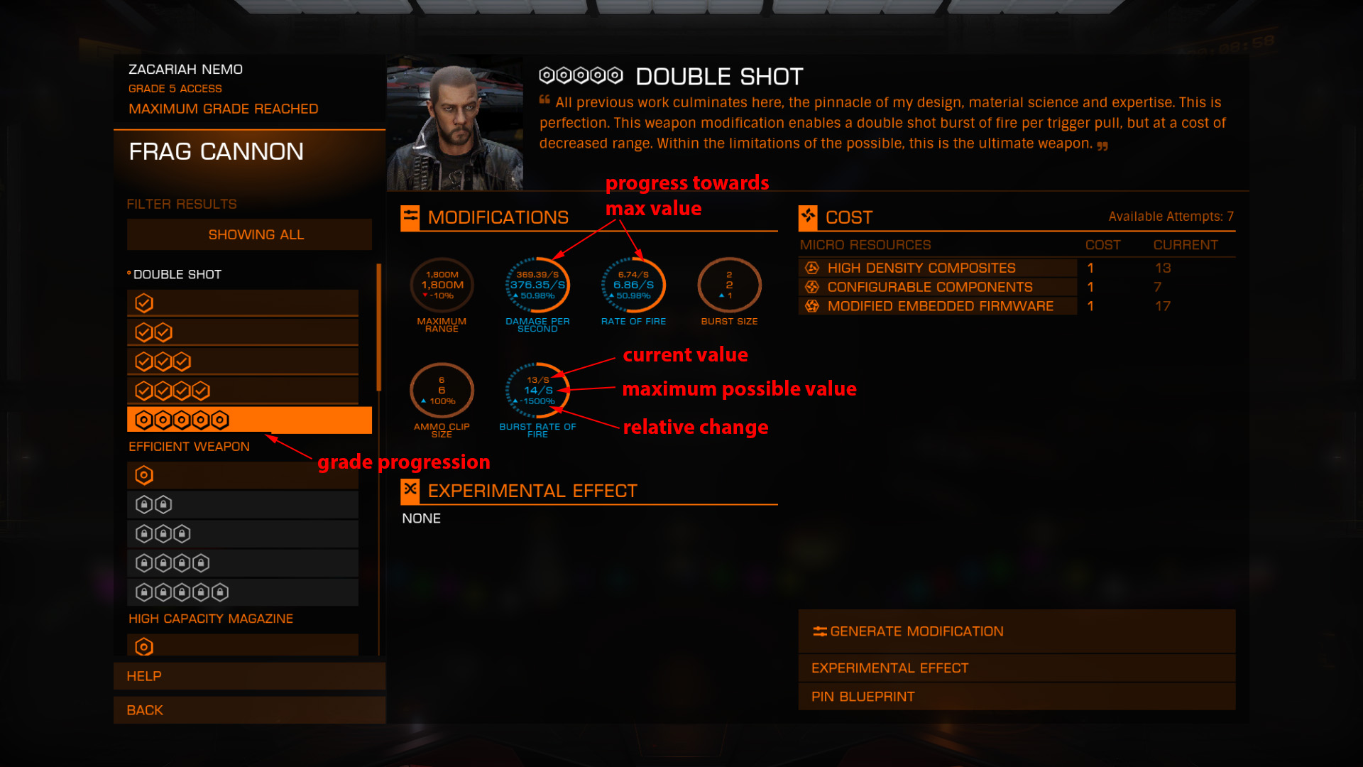 Elite: Dangerous beginner's guide: an annotated screenshot showing how to modify a module with an engineer
