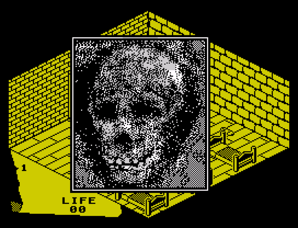 A screenshot from the video game Fairlight on the ZX Spectrum